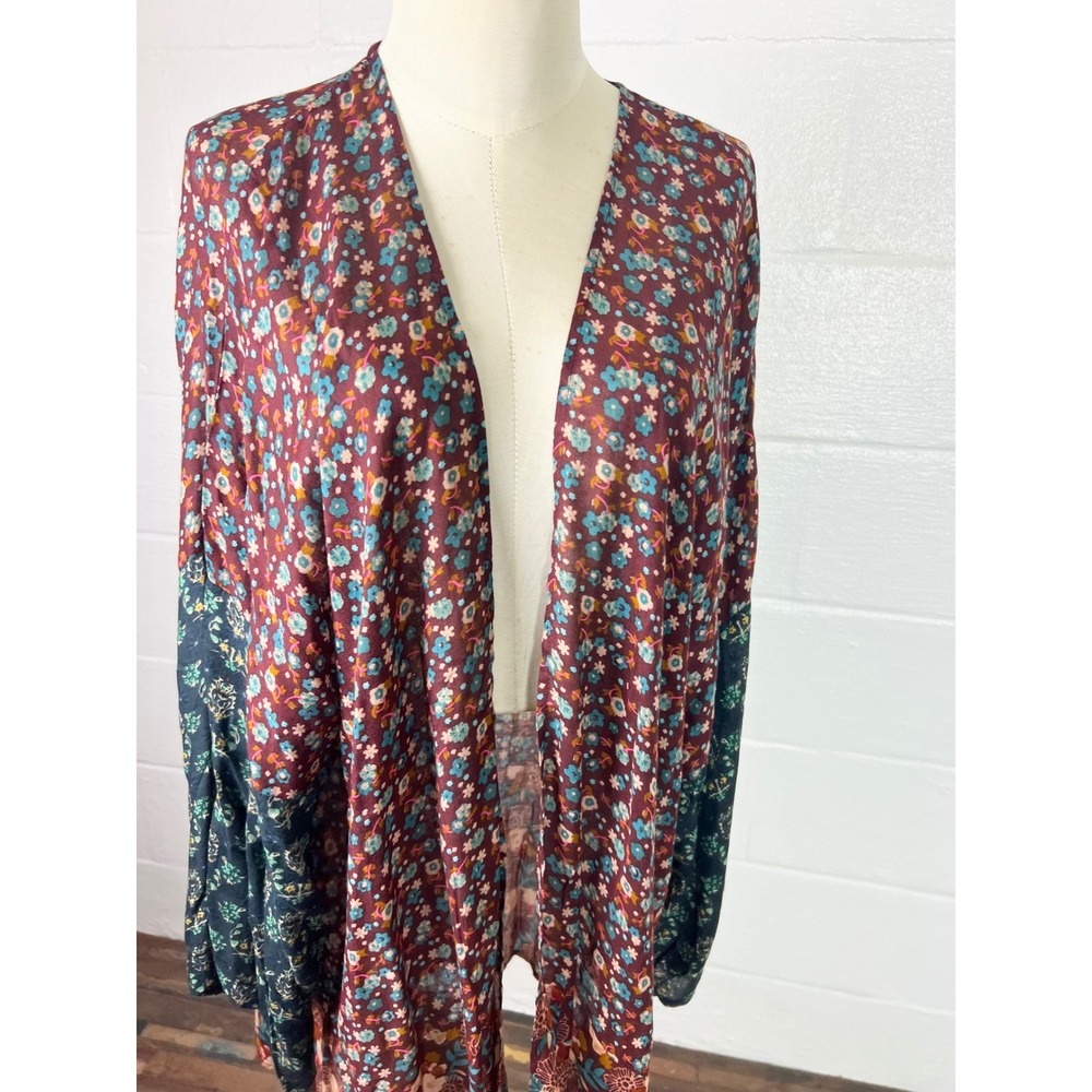Natural Life Floral Kimono Wrap Burgundy Navy Boho Mixed Print L/XL - Picture 2 of 7